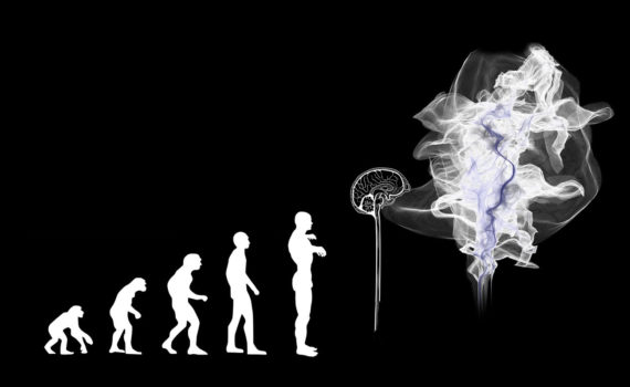 Escada de evolução desde o macaco até o homem como somos atualmente e, no passo seguinte, a transformação do cérebro em nuvem como uma metáfora do Metaverso.