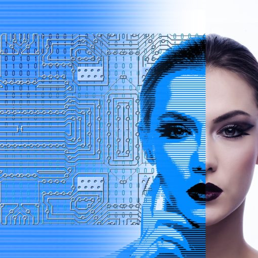 Rosto de mulher que se transforma em digital a partir da metade direita da face, para simbolizar o conceito de gêmeos digitais.
