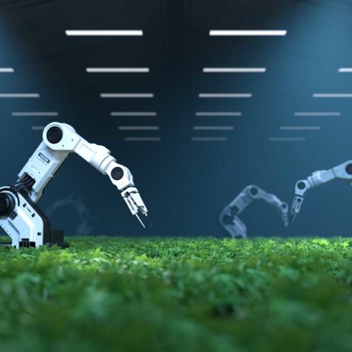 IA Empregos: robôs fazendeiros inteligentes cuidam de uma plantação em um galpão fechado