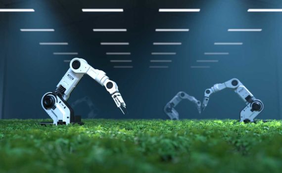 IA Empregos: robôs fazendeiros inteligentes cuidam de uma plantação em um galpão fechado