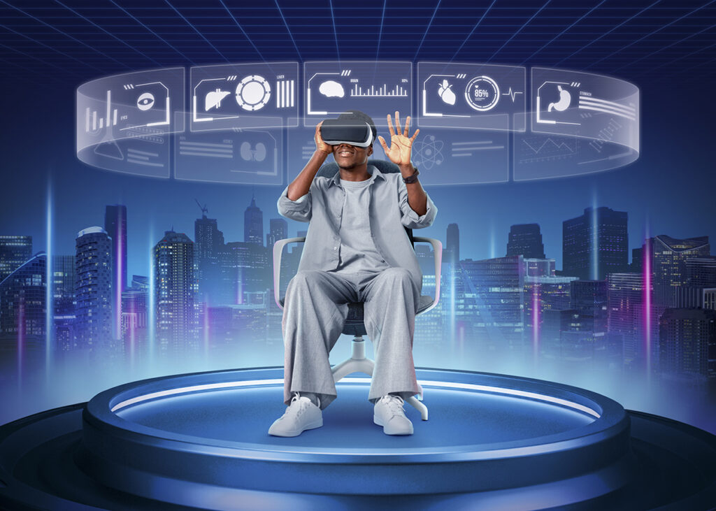 Homem negro em uma experiência de metaverso. Ele usa óculos VR que projetam dados virtuais ao seu redor