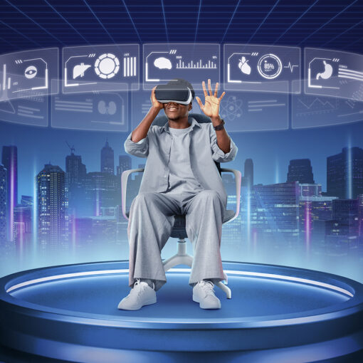 Homem negro em uma experiência de metaverso. Ele usa óculos VR que projetam dados virtuais ao seu redor